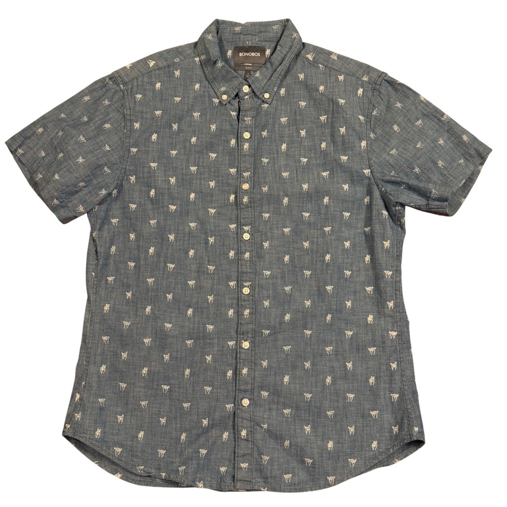 Bonobos‎ Men Slim Fit Short Sleeve Button Down Shirt Blue Hand Signs Large